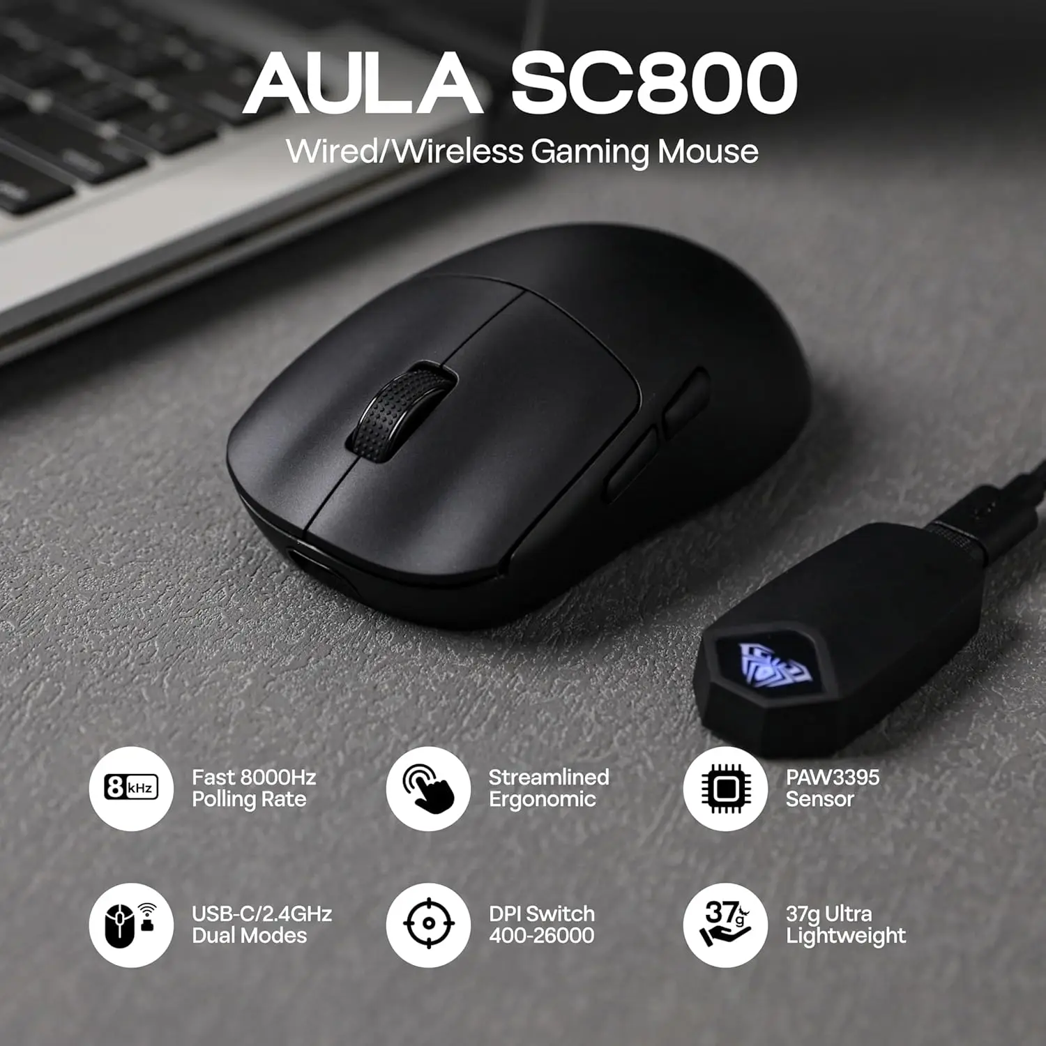 Gaming Hand Accessories - AULA SC800 Gaming Mouse USB-C Wired/2.4G